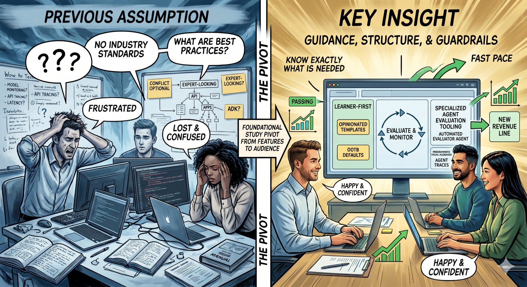 A two-panel illustration. The left panel, labeled Previous Assumption, shows developers looking frustrated and confused, surrounded by question marks and notes asking about industry standards and best practices. The right panel, labeled Key Insight: Guidance, Structure, and Guardrails, shows developers smiling and confident in front of a beginner-friendly interface with opinionated templates, out-of-the-box dashboards, specialized agent evaluation tooling, and arrows pointing to a new revenue line.